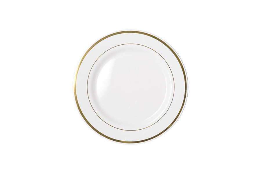 190mm Heavy Duty White Lunch Plate With Gold Lining 6pk NIS Packaging & Party Supply