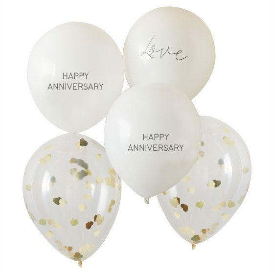 ANNIVERSARY & HEART CONFETTI WHITE & GOLD 5 Balloon set NIS Packaging & Party Supply
