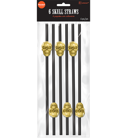 Black Straw with Gold Skull Shapes Reusable NIS Packaging & Party Supply