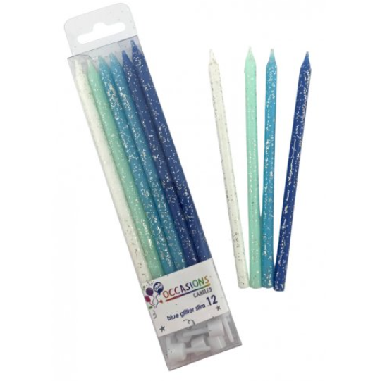 Blues Glitter Slim Candles 120mm with Holders NIS Packaging & Party Supply