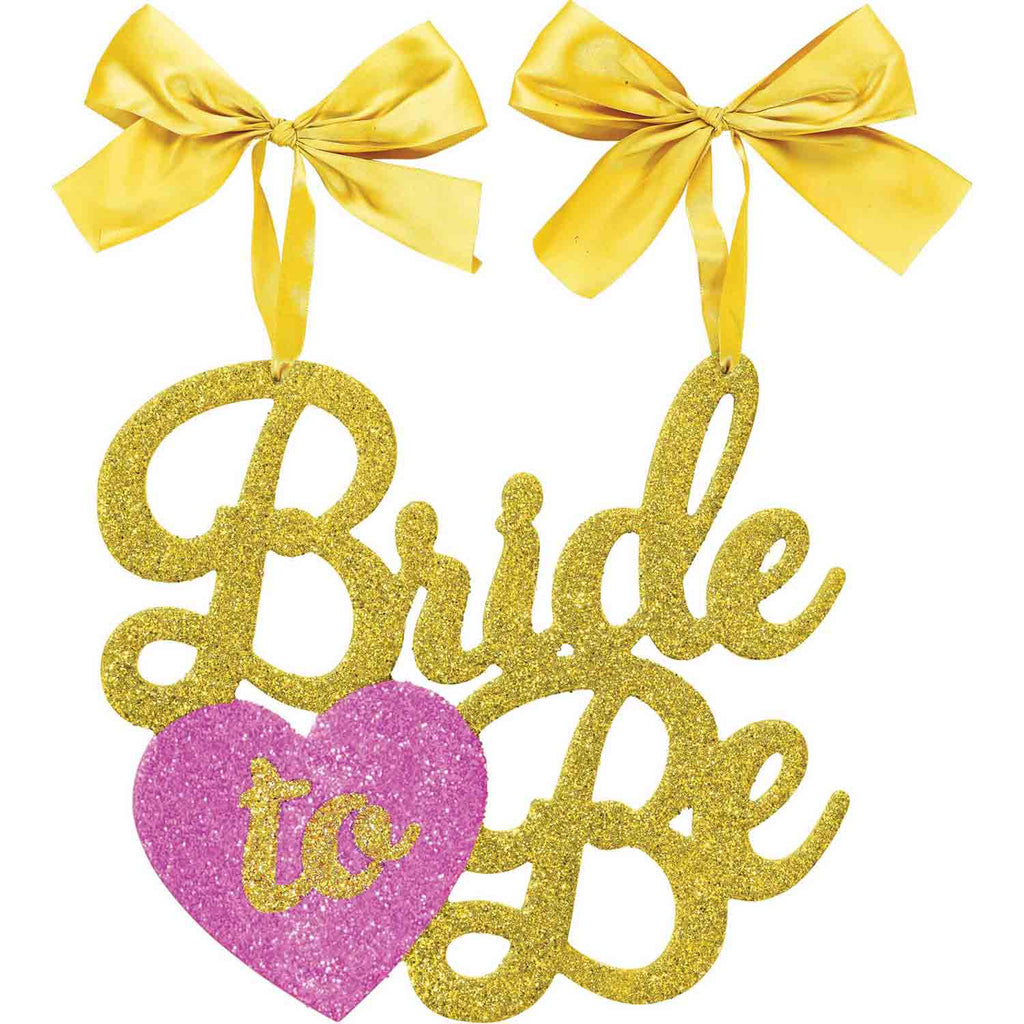 Bride to Be Gold & Pink Glittered MDF Hanging Sign & Ribbons NIS Packaging & Party Supply