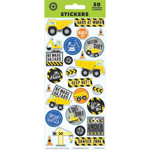 CONSTRUCTION Stickers Sheet 50 stickers NIS Packaging & Party Supply