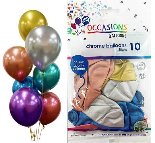 Buy Chrome Assorted Colours 30cm Balloons at NIS Packaging & Party Supply Brisbane, Logan, Gold Coast, Sydney, Melbourne, Australia
