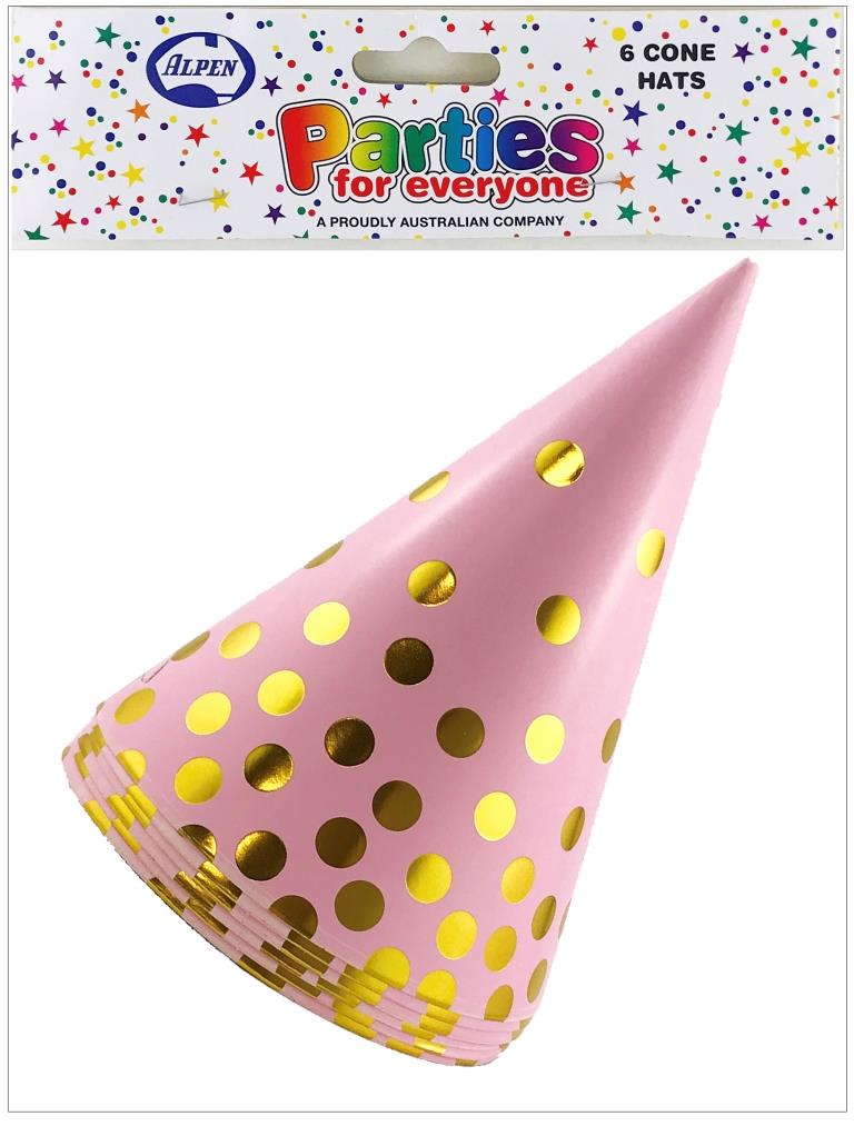 Buy Cone Hats 150mm Pink/Gold Hot Stamping at NIS Packaging & Party Supply Brisbane, Logan, Gold Coast, Sydney, Melbourne, Australia