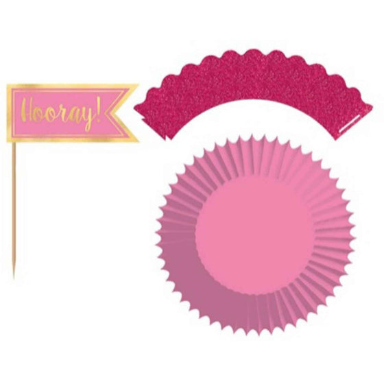 Cupcake Kit PINK GLITTERED & Hot Stamped 24pk NIS Packaging & Party Supply