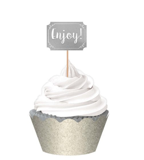 Cupcake Kit SILVER GLITTERED & HOT Stamped 24pk NIS Packaging & Party Supply