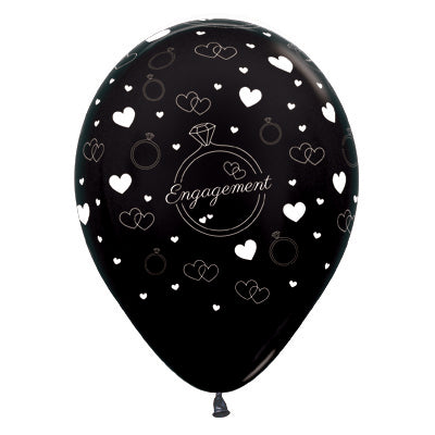 Engagement Diamond Rings & Hearts Metallic Black Latex Balloons, 6PK NIS Packaging & Party Supply