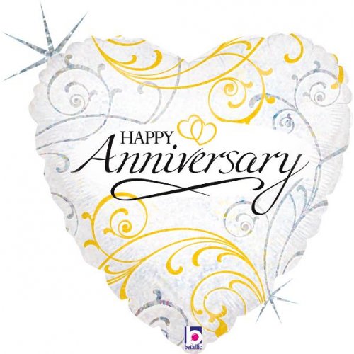 Filigree Anniversary Holographic 18inch Heart Shape Foil Balloon 1pc NIS Packaging & Party Supply