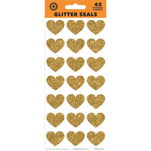 GOLD GLITTER HEARTS SEAL SHEETS 42 STICKER NIS Traders