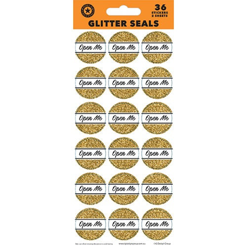 GOLD GLITTER SEAL STICKER OPEN ME 36PK NIS Traders