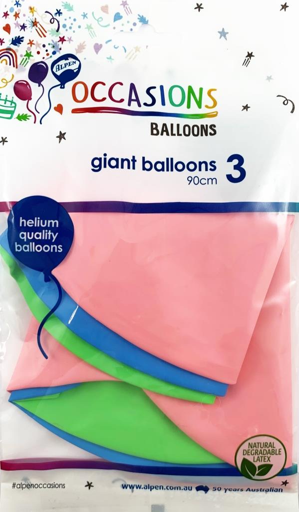 Buy Giant Balloons 90cm assorted colours 3pk at NIS Packaging & Party Supply Brisbane, Logan, Gold Coast, Sydney, Melbourne, Australia