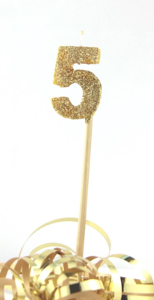 Buy Gold Candle Glitter Number 5 at NIS Packaging & Party Supply Brisbane, Logan, Gold Coast, Sydney, Melbourne, Australia