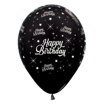Happy Birthday Twinkling Stars Metallic Black Latex Balloons 30cm NIS Traders