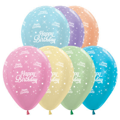 Happy Birthday Twinkling Stars Satin Pearl Assorted Latex Balloons 30cm NIS Traders