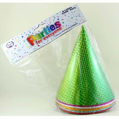 Buy Laser Cone Hat 185mm 6 in a pack at NIS Packaging & Party Supply Brisbane, Logan, Gold Coast, Sydney, Melbourne, Australia