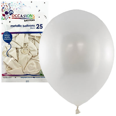 Buy Metallic White 30cm Balloons P25 at NIS Packaging & Party Supply Brisbane, Logan, Gold Coast, Sydney, Melbourne, Australia