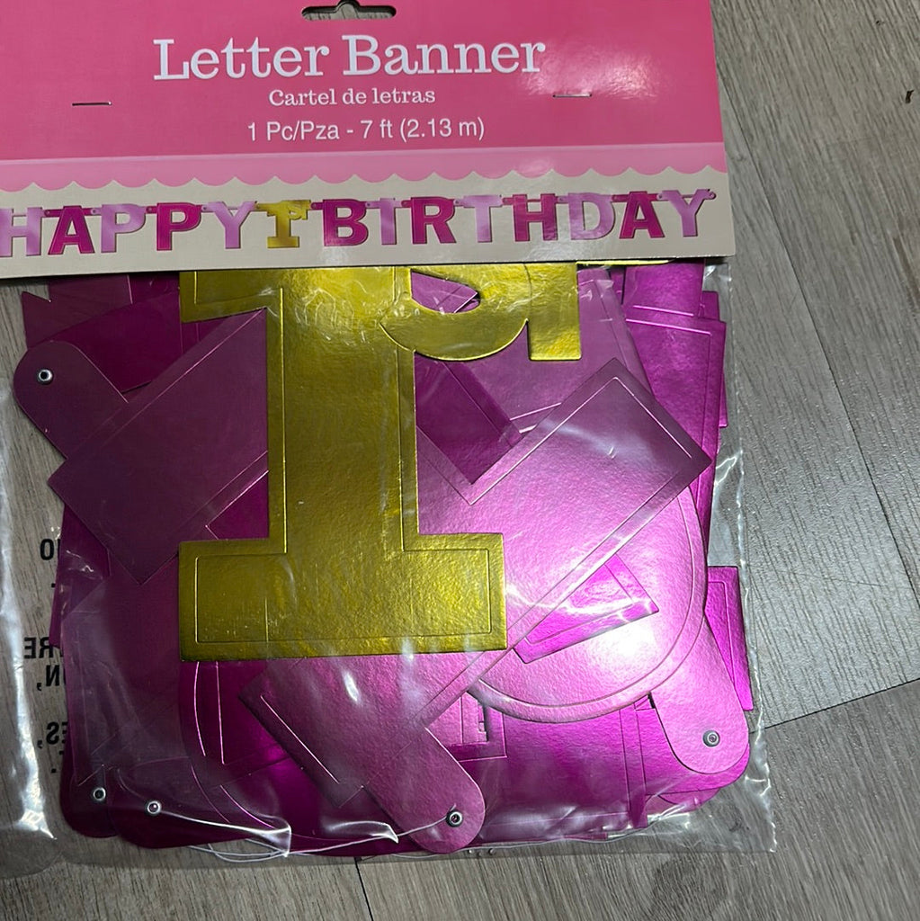 Pink 1st Birthday Jointed Letter banner 7ft NIS Traders