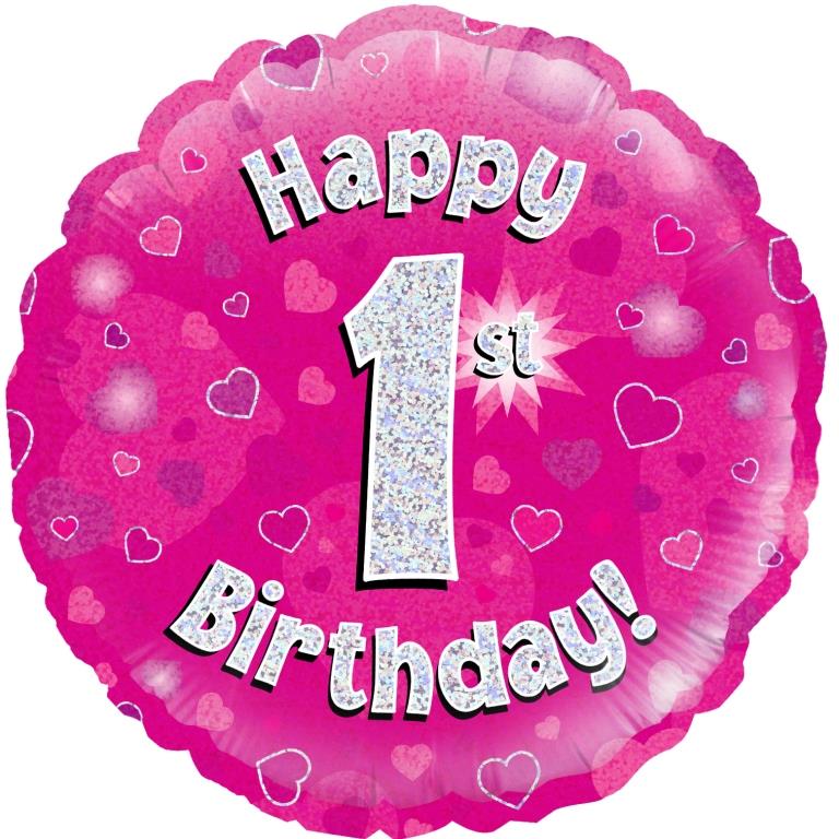 Buy Pink Holographic Happy 1st Bday Round Foil Balloon at NIS Packaging & Party Supply Brisbane, Logan, Gold Coast, Sydney, Melbourne, Australia