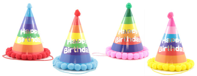 Buy Pom Pom Hats Happy Birthday Assorted Stripes 1pc at NIS Packaging & Party Supply Brisbane, Logan, Gold Coast, Sydney, Melbourne, Australia