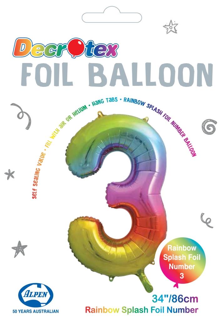 Buy Rainbow Splash Foil Balloon Number #3 (34inch) at NIS Packaging & Party Supply Brisbane, Logan, Gold Coast, Sydney, Melbourne, Australia