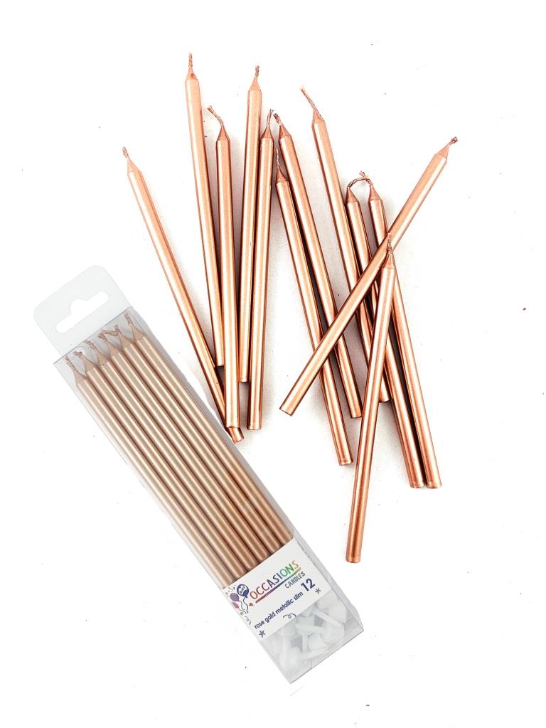 Rose Gold Metallic Slim Candles 120mm with Holders NIS Traders