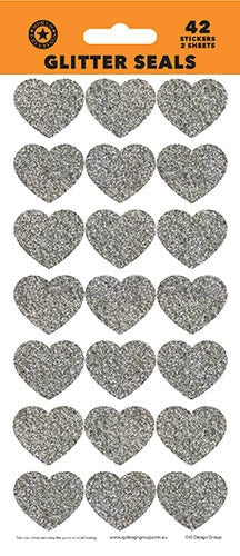SILVER GLITTER HEARTS SEAL SHEETS 42 STICKER NIS Traders