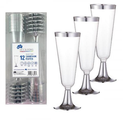 Silver Trim Plastic Champagne Flute 145ml Box12 NIS Traders