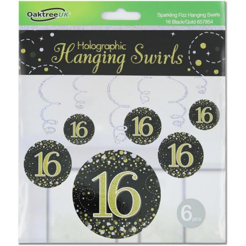 Sparkling Fizz Happy 16th Birthday Black/Gold Hanging Swirl Pack 6 NIS Traders
