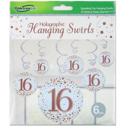 Sparkling Fizz Happy 16th Birthday Rose Gold Hanging Swirl Pack 6 NIS Traders