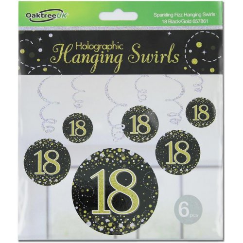 Sparkling Fizz Happy 18th Birthday Black/Gold Hanging Swirl Pack 6 NIS Traders