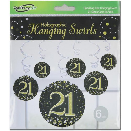 Sparkling Fizz Happy 21st Birthday Black/Gold Hanging Swirl Pack 6 NIS Traders