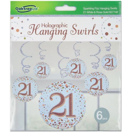 Sparkling Fizz Happy 21st Birthday Rose Gold Hanging Swirl Pack 6 NIS Traders