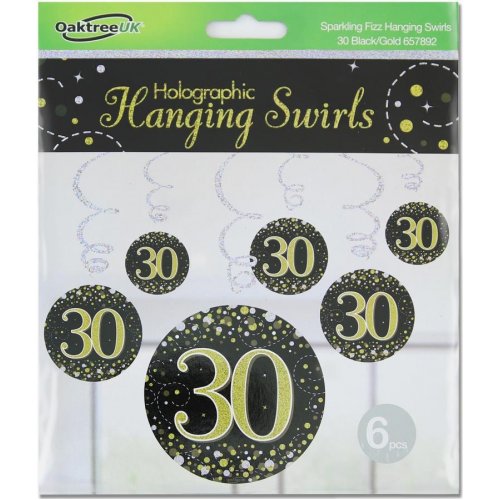 Sparkling Fizz Happy 30th Birthday Black/Gold Hanging Swirl Pack 6 NIS Traders