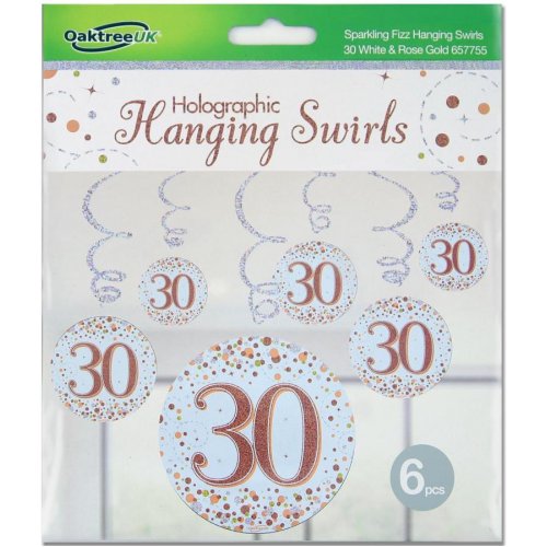 Sparkling Fizz Happy 30th Birthday Rose Gold Hanging Swirl Pack 6 NIS Traders