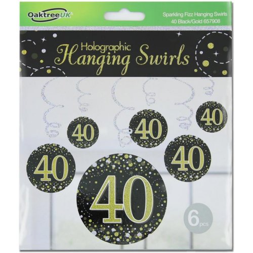 Sparkling Fizz Happy 40th Birthday Black/Gold Hanging Swirl Pack 6 NIS Traders