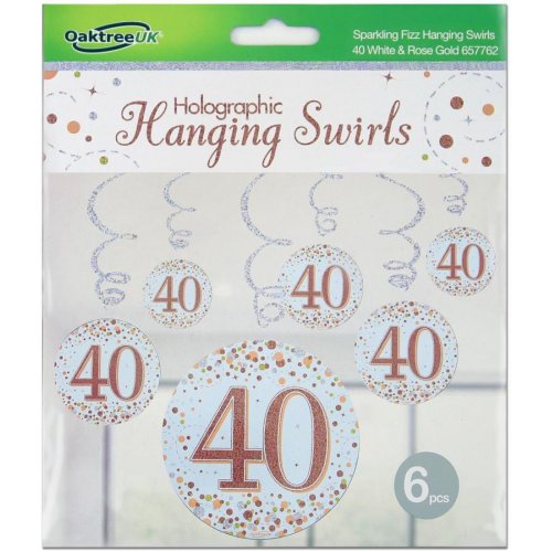Sparkling Fizz Happy 40th Birthday Rose Gold Hanging Swirl Pack 6 NIS Traders