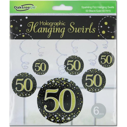 Sparkling Fizz Happy 50th Birthday Black/Gold Hanging Swirl Pack 6 NIS Traders