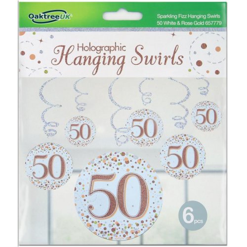 Sparkling Fizz Happy 50th Birthday Rose Gold Hanging Swirl Pack 6 NIS Traders
