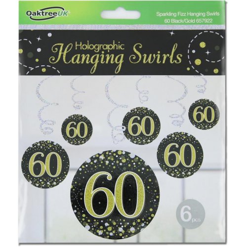 Sparkling Fizz Happy 60th Birthday Black/Gold Hanging Swirl Pack 6 NIS Traders