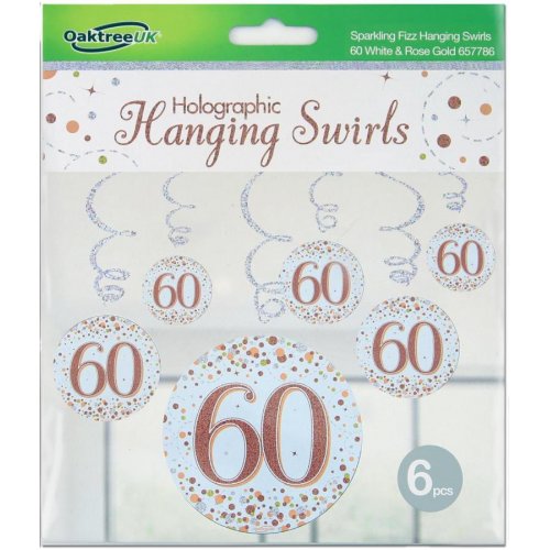 Sparkling Fizz Happy 60th Birthday Rose Gold Hanging Swirl Pack 6 NIS Traders