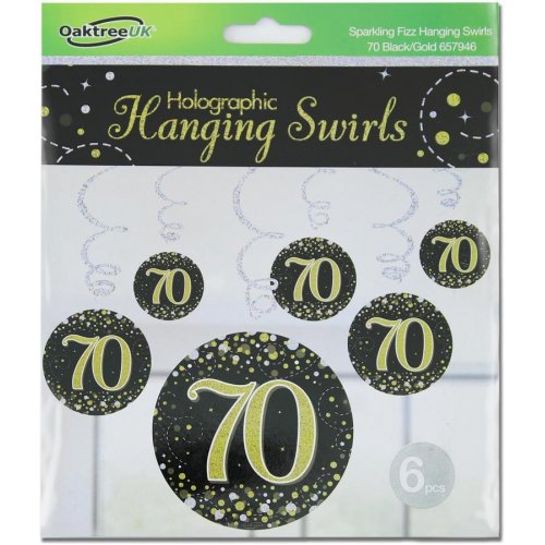 Sparkling Fizz Happy 70th Birthday Black/Gold Hanging Swirl Pack 6 NIS Traders