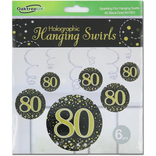 Sparkling Fizz Happy 80th Birthday Black/Gold Hanging Swirl Pack 6 NIS Traders