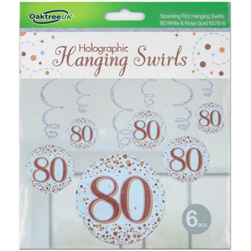 Sparkling Fizz Happy 80th Birthday Rose Gold Hanging Swirl Pack 6 NIS Traders