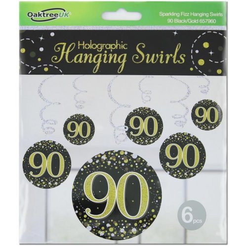 Sparkling Fizz Happy 90th Birthday Black/Gold Hanging Swirl Pack 6 NIS Traders