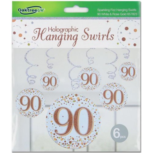 Sparkling Fizz Happy 90th Birthday Rose Gold Hanging Swirl Pack 6 NIS Traders