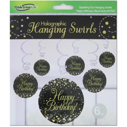 Sparkling Fizz Happy Birthday Black/Gold Hanging Swirl Pack 6 NIS Traders