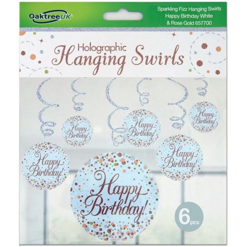Sparkling Fizz Happy Birthday Rose Gold Hanging Swirl Pack 6 NIS Traders