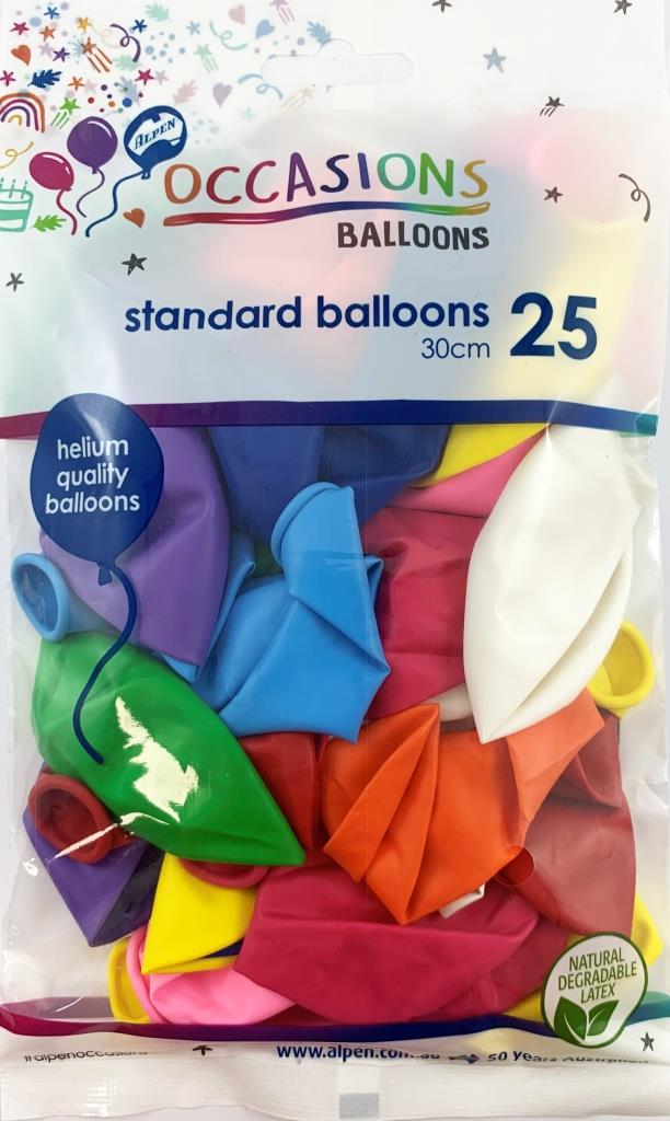 Buy Standard Balloons Assorted Colours 30cm 25pk at NIS Packaging & Party Supply Brisbane, Logan, Gold Coast, Sydney, Melbourne, Australia