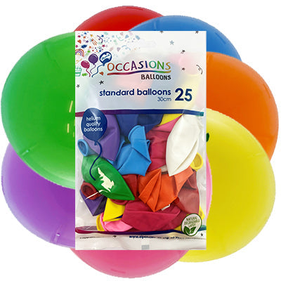Buy Standard Balloons Assorted Colours 30cm 25pk at NIS Packaging & Party Supply Brisbane, Logan, Gold Coast, Sydney, Melbourne, Australia