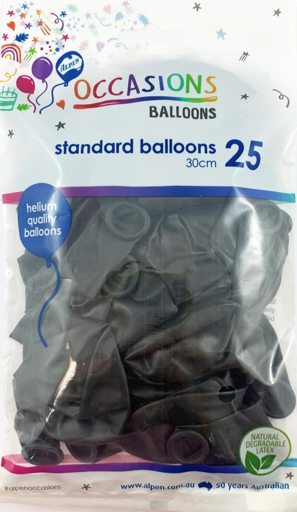 Buy Standard Black Balloons 30cm 25pk at NIS Packaging & Party Supply Brisbane, Logan, Gold Coast, Sydney, Melbourne, Australia